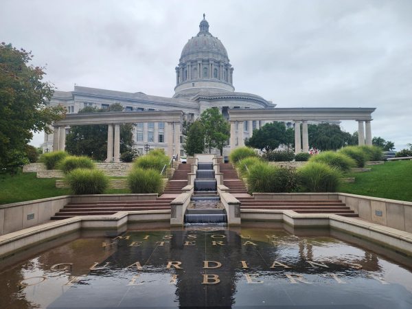 The Missouri Veterans Memorial lays north of the Missouri State Capitol, seen in the background. 