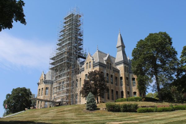 MacKay Hall currently has scaffolding in front of the main entrance to repair damages caused by a lightning storm in 2023. 